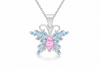 A silver butterfly pendant necklace featuring a central pink marquise-cut gemstone surrounded by light blue marquise-cut gemstones, suspended from a silver chain on a white background.