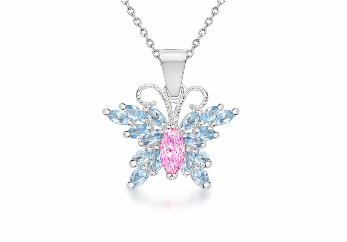 A silver butterfly pendant necklace featuring a central pink marquise-cut gemstone surrounded by light blue marquise-cut gemstones, suspended from a silver chain on a white background.