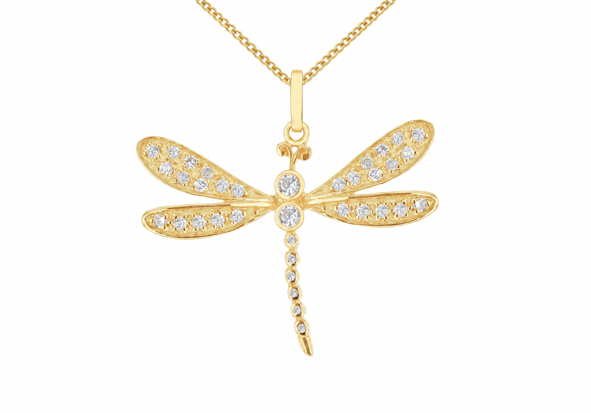 Yellow Gold Plated Sterling Silver Zirconia Dragonfly Pendant