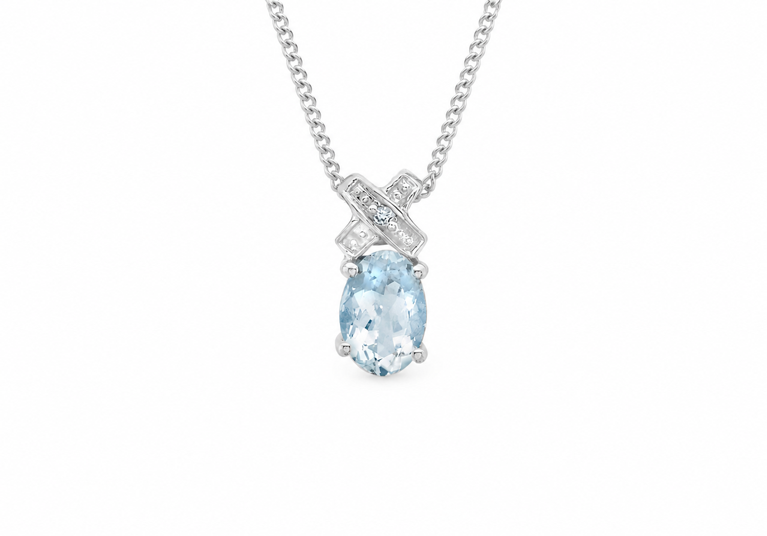9ct White Gold 0.005ct Diamond & Aquamarine Kiss Pendant