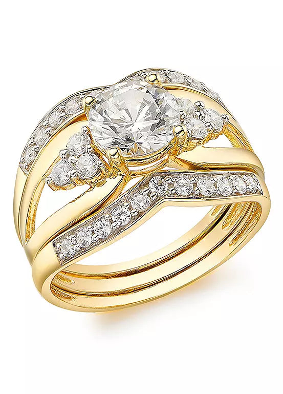9ct Yellow Gold White Zirconia Ornate Triple Band Ring