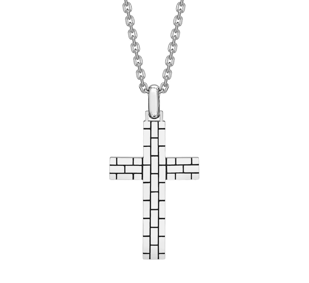 Hoxton London Men's Sterling Silver Brick Pattern Cross Adjustable Necklace