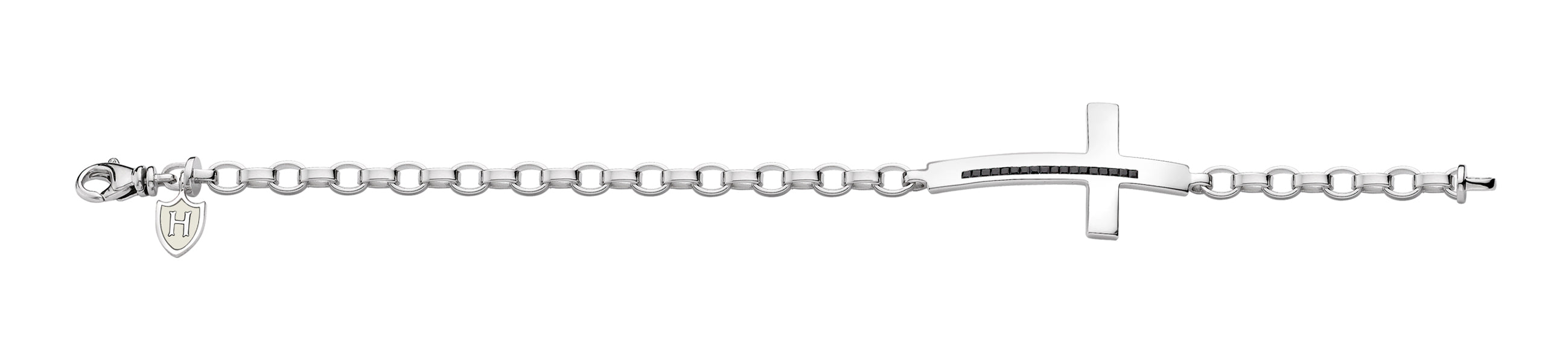 Hoxton London Men's Sterling Silver Stone Black Zirconia  Cross Adjustable Bracelet