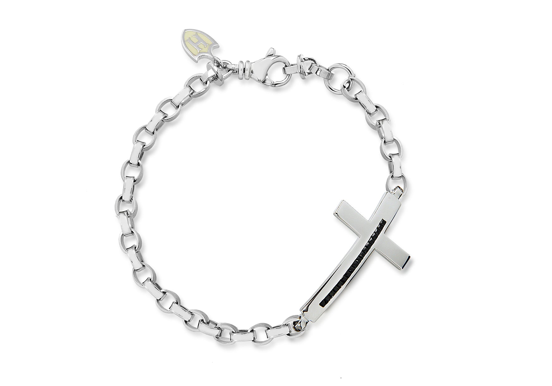 Hoxton London Men's Sterling Silver Stone Black Zirconia  Cross Adjustable Bracelet