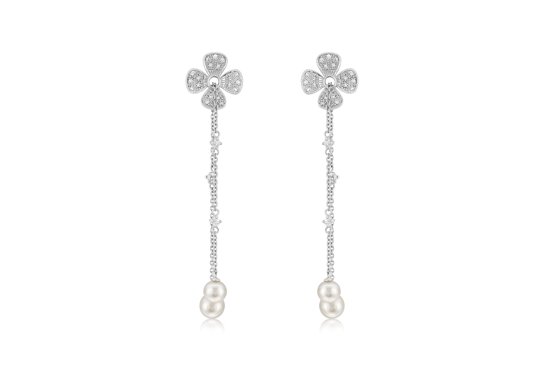18ct White Gold 0.31ct Diamonds and Pearls Blossom Chain Earrings
