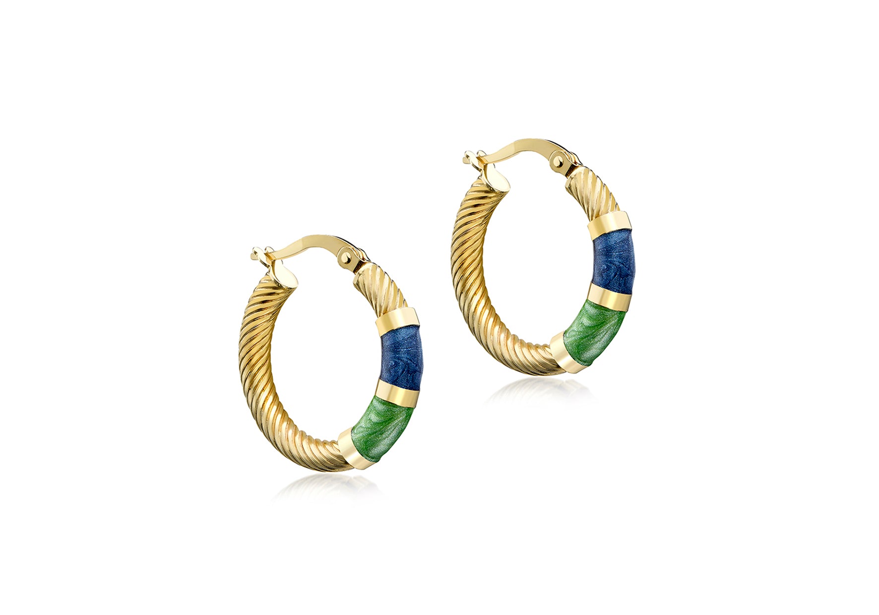 9ct Yellow Gold Blue & Green Glaze Twist Hoop Earrings