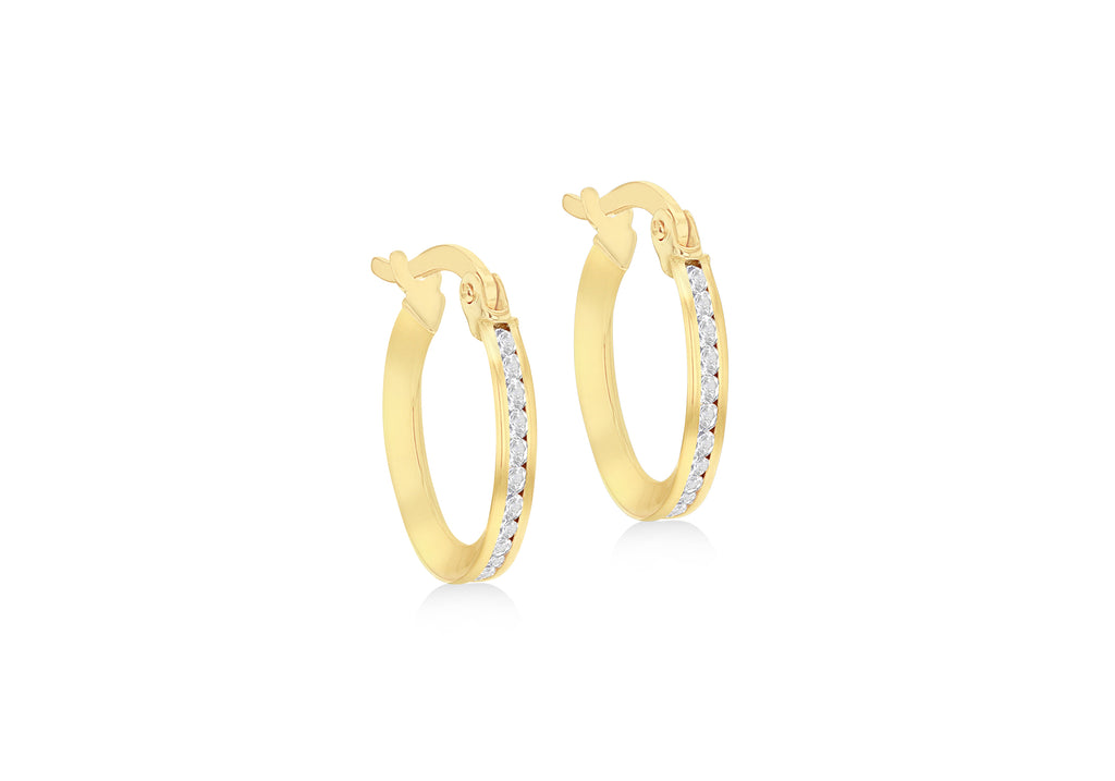 9ct Yellow Gold White Zirconia Slim Hoop Earrings