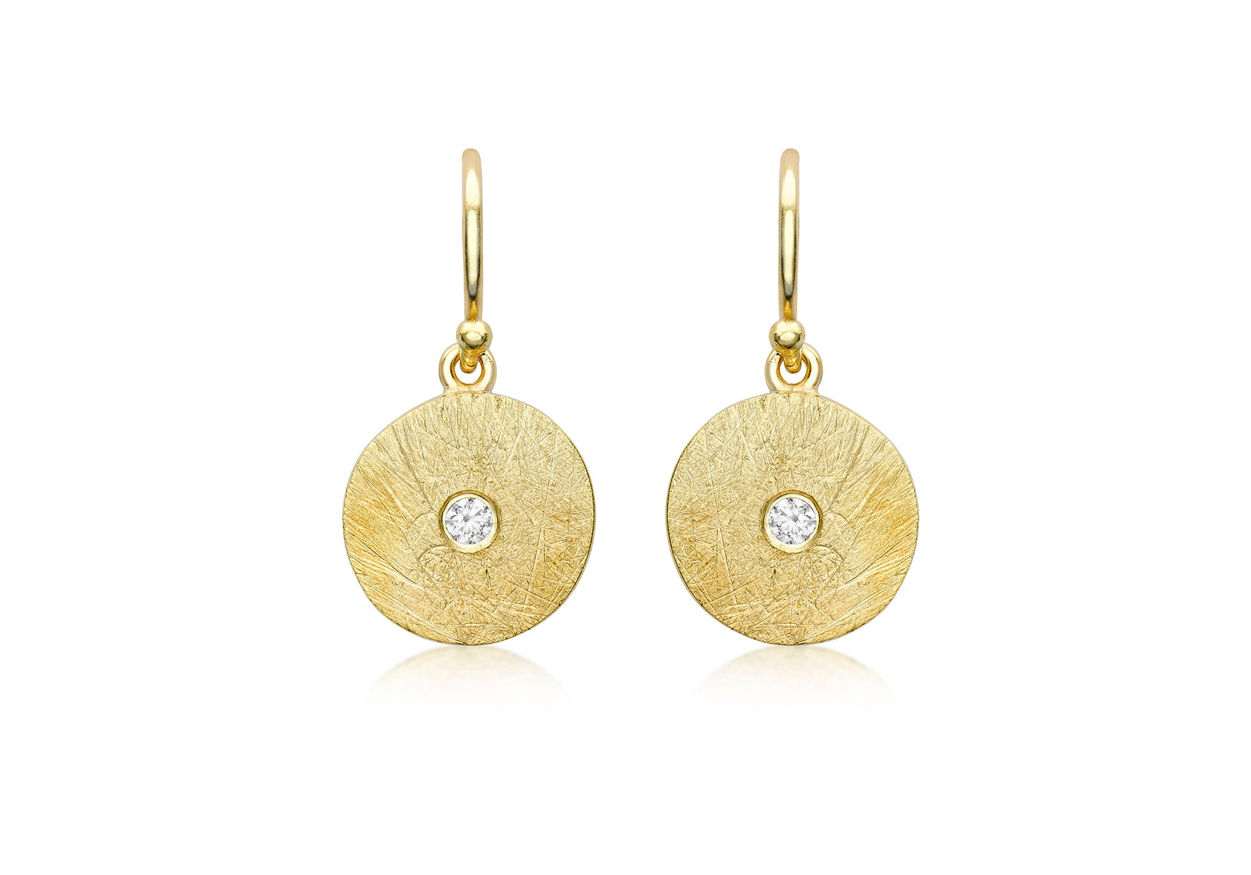 9ct Yellow Gold White Zirconia Brushed Discus Drop Earrings