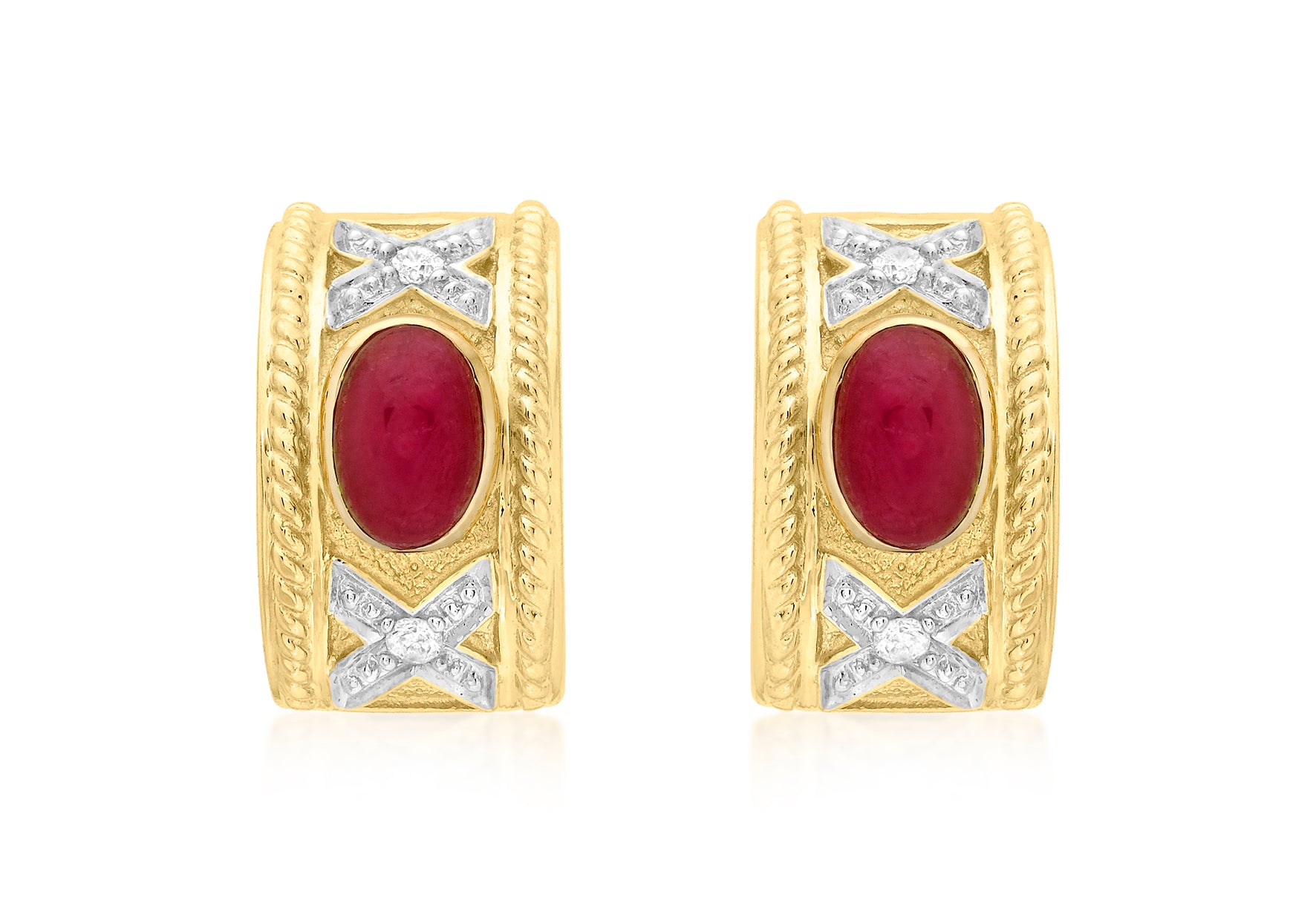9ct Yellow Gold 0.07t Diamond and Ruby Half-Band Earrings