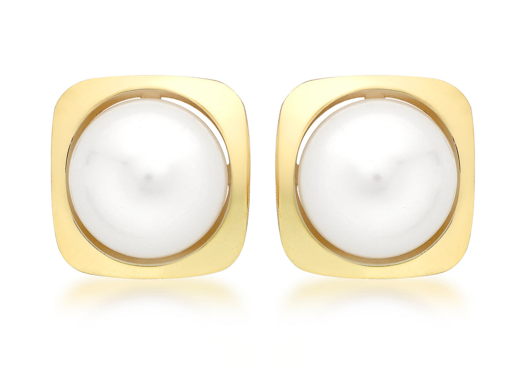 9ct Yellow Gold and Pearl Square Stud Earrings