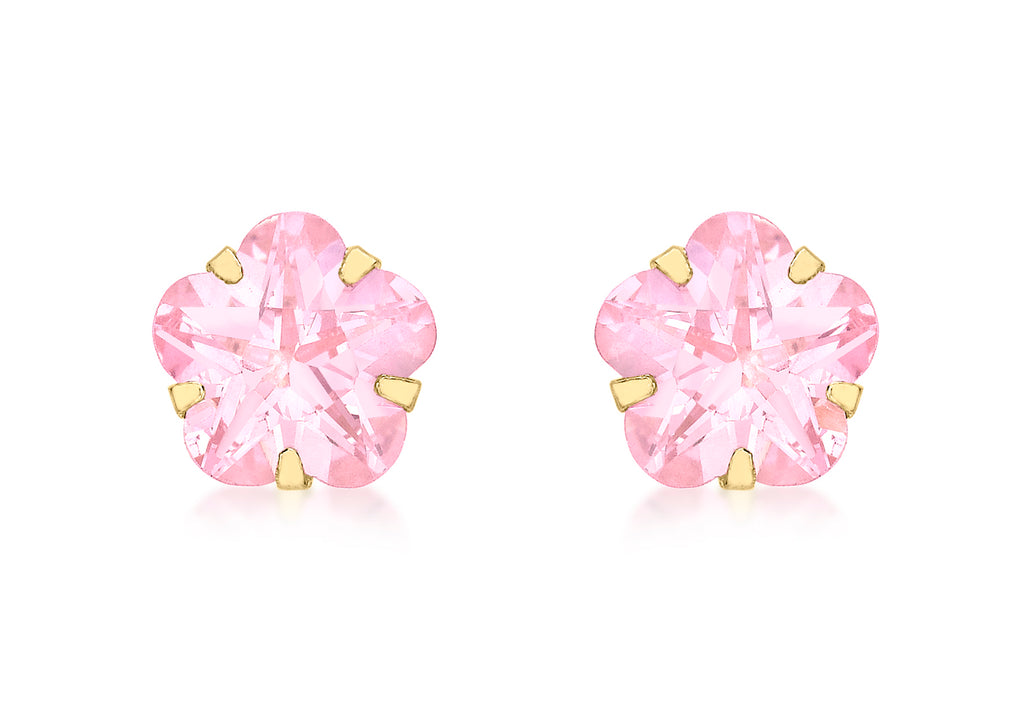 9ct Yellow Gold Pink Zirconia  Flower Stud Earrings