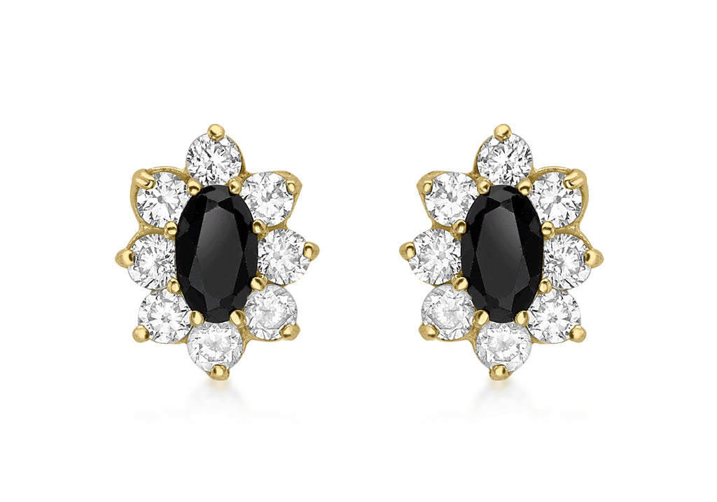 9ct Yellow Gold Oval Black Sapphire and Zirconia Stud Earrings