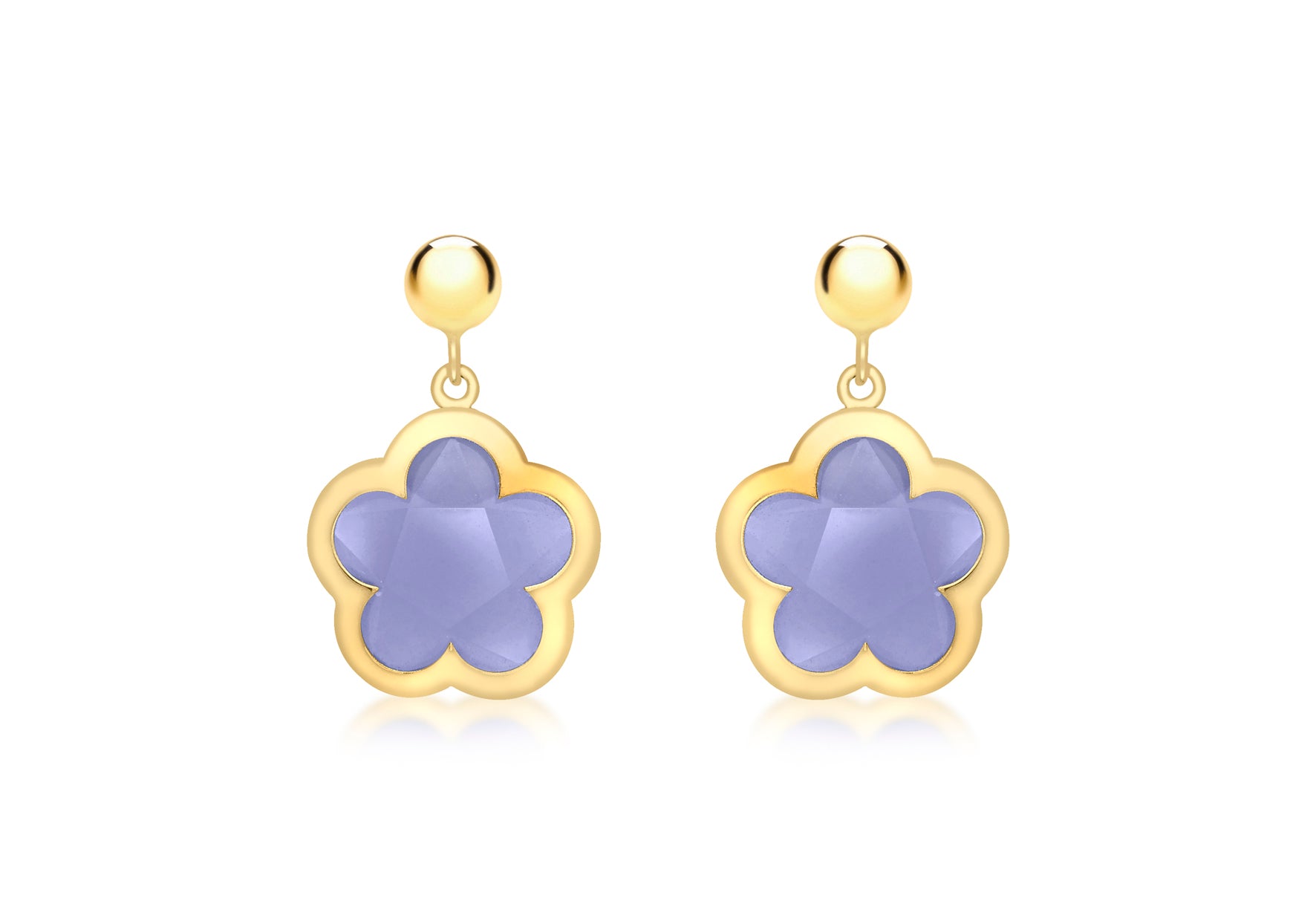 9ct Yellow Gold Blue Crystal Flower and Ball Drop Earrings