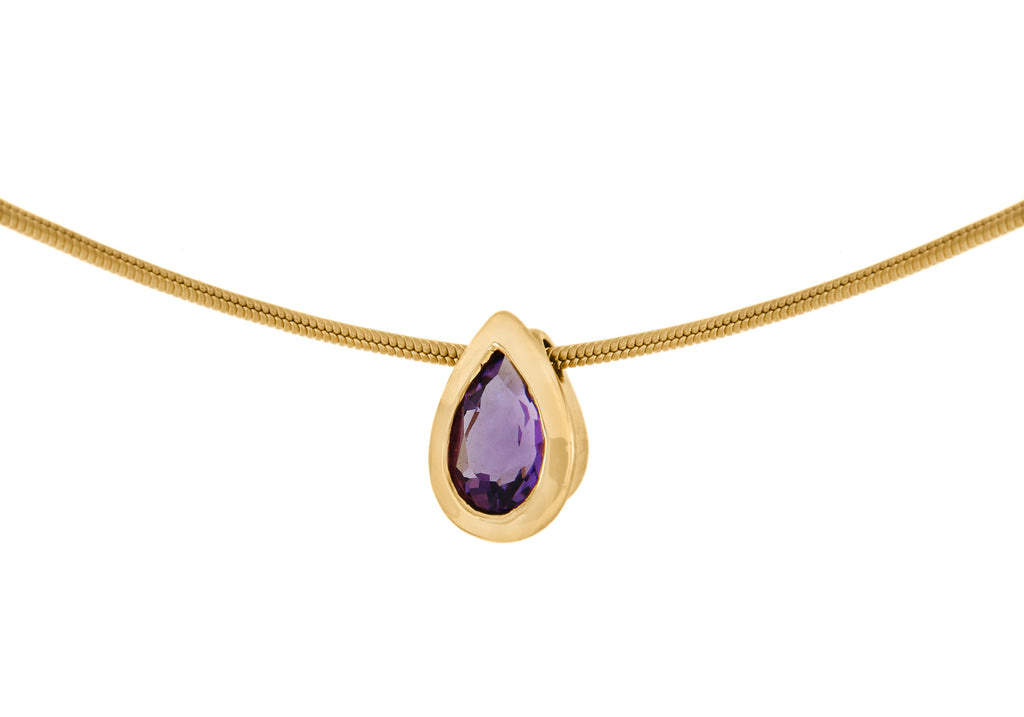 9ct Yellow Gold Amethyst Teardrop Pendant on Snake Chain Necklace  41m/16"9