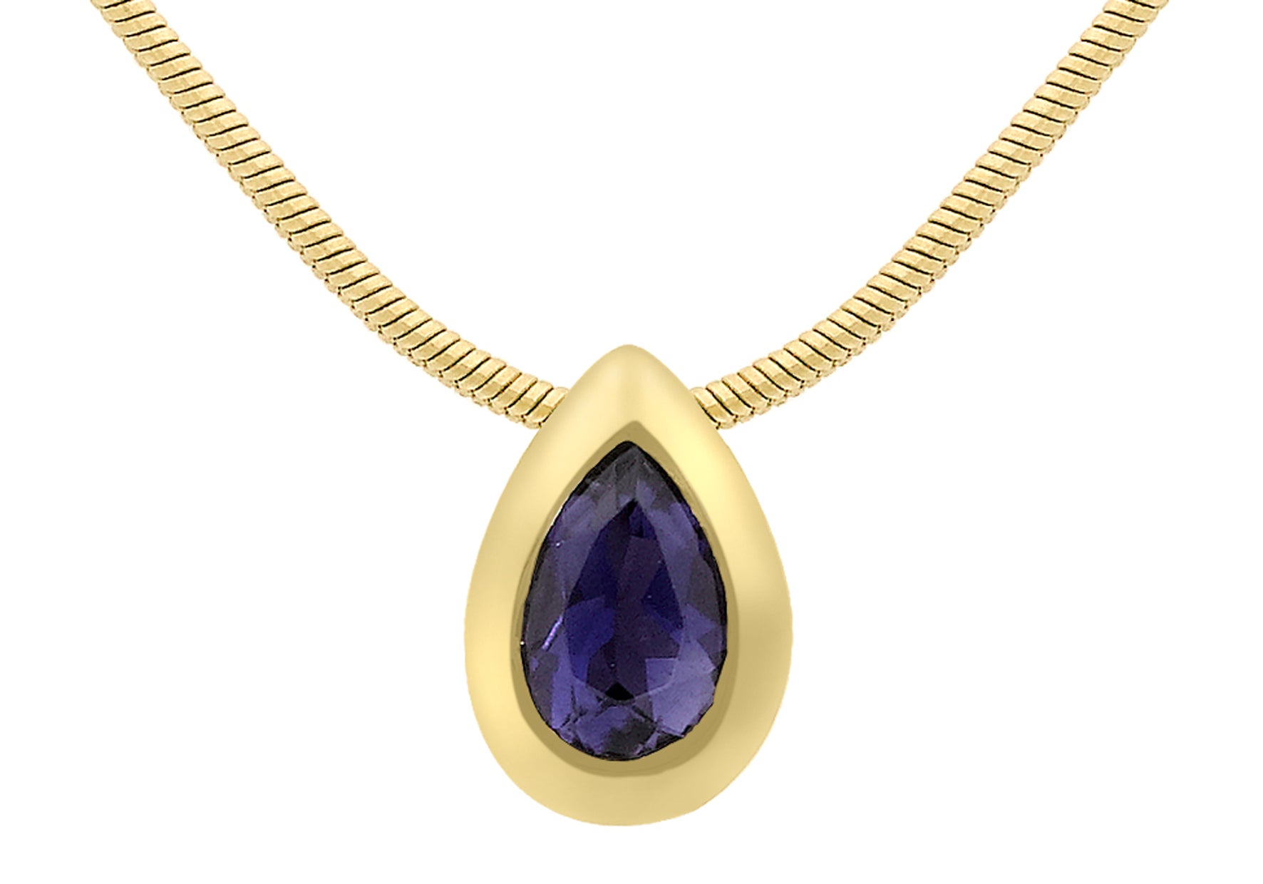 9ct Yellow Gold Iolite Teardrop Pendant on Snake Chain Necklace  41m/16"9