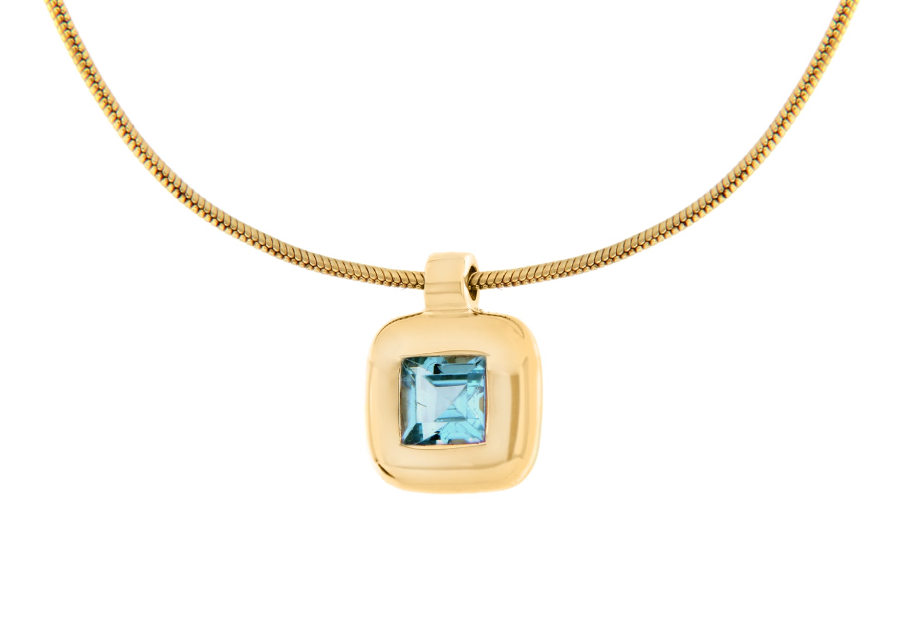 9ct Yellow Gold Square Blue Topaz Pendant on Snake Chain Necklace  41m/16"9