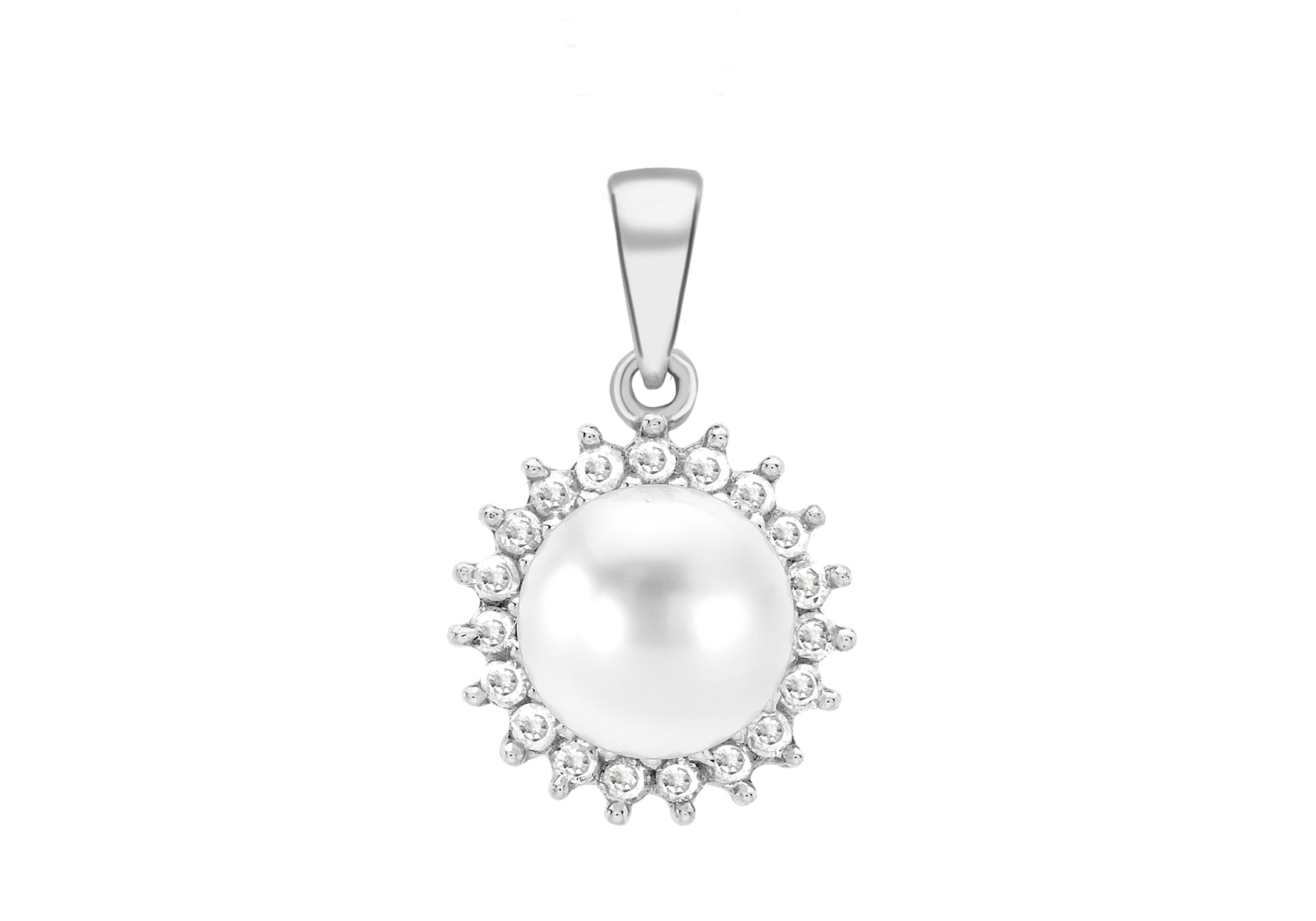 9ct White Gold 0.15t Diamond and Pearl Surround Pendant
