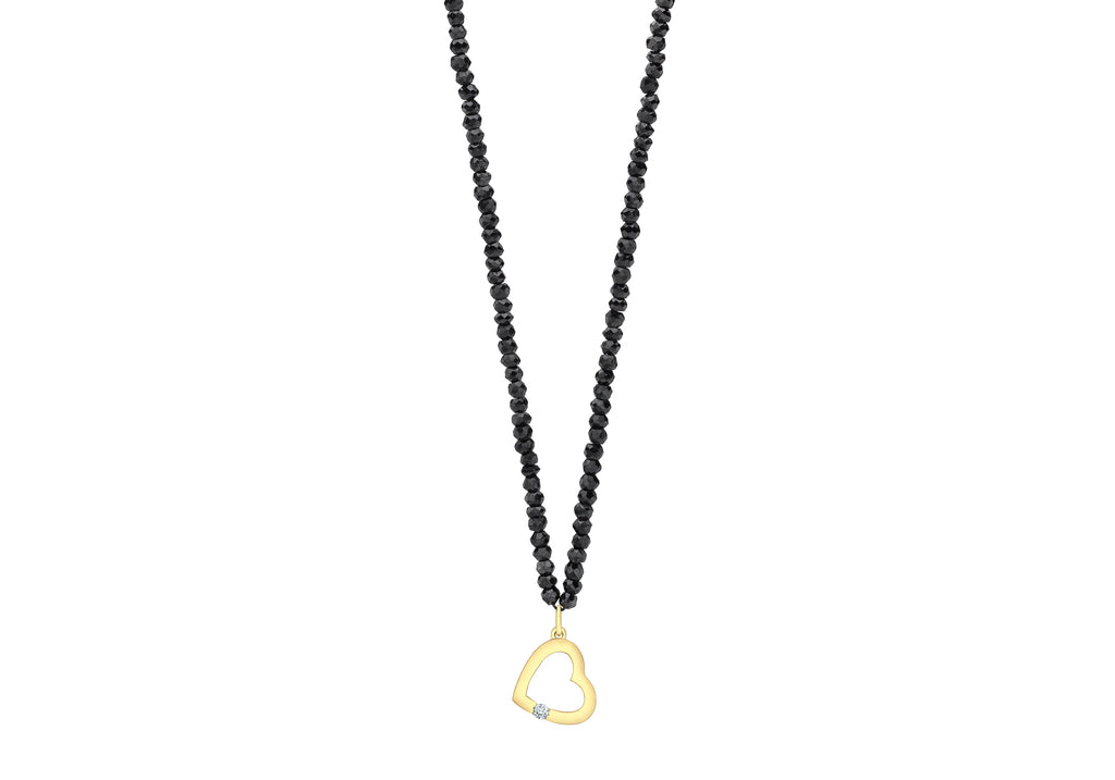 9ct Yellow Gold 0.03t Diamond Set Heart Pendant on Black Spinel Necklace  44m/17.5"9