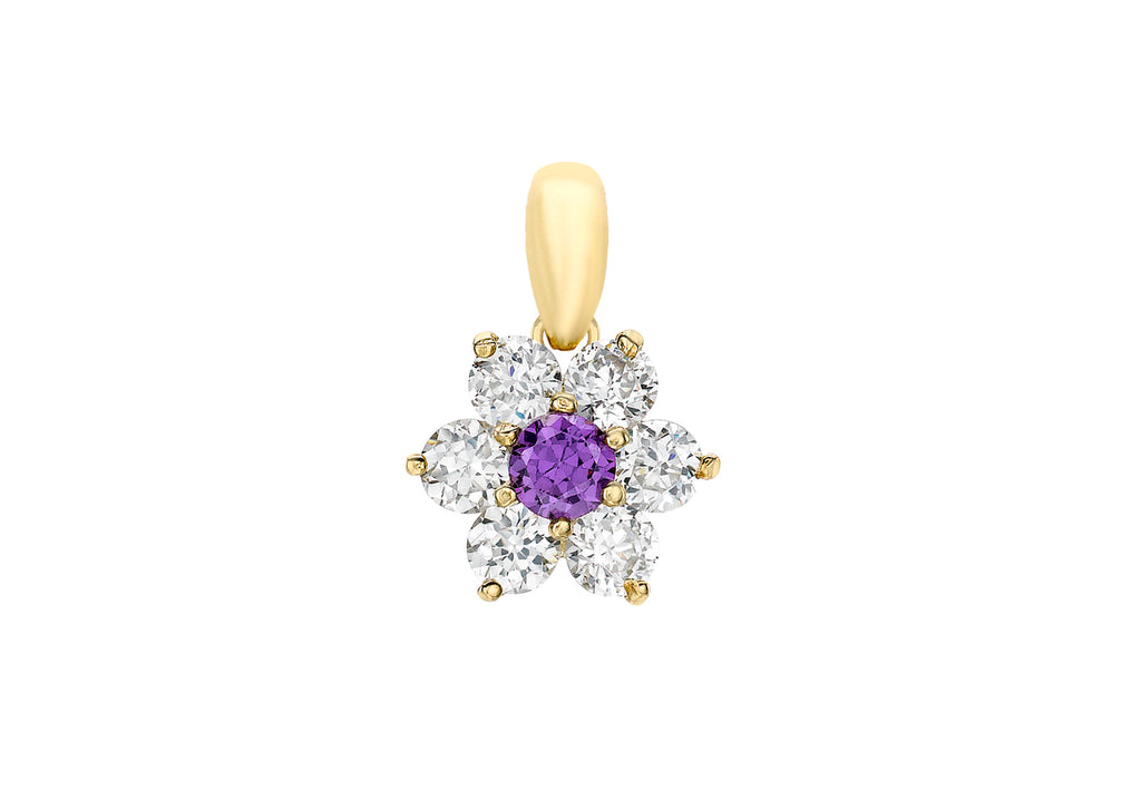 9ct Yellow Gold Purple and White Zirconia  Flower Cluster Pendant