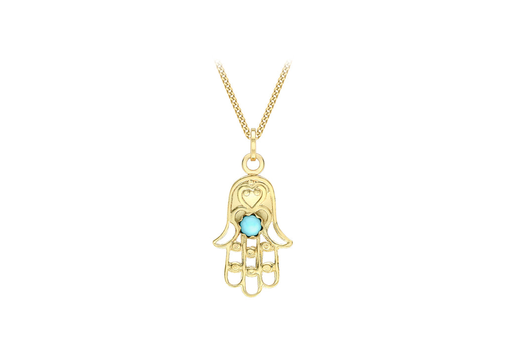9ct Yellow Gold Turquoise 12.6mm x 26.5mm Hamsa Hand Pendant