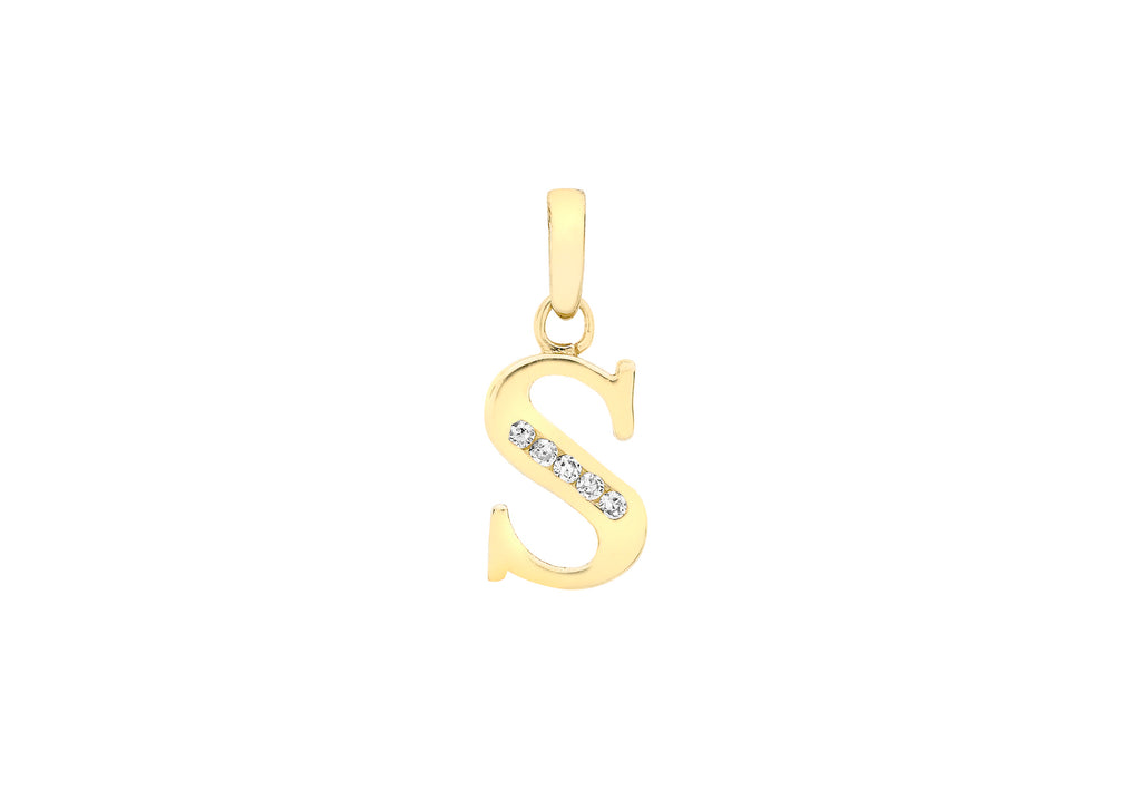 9ct Yellow Gold Zirconia  7mm x 13mm 'S' Initial Pendant