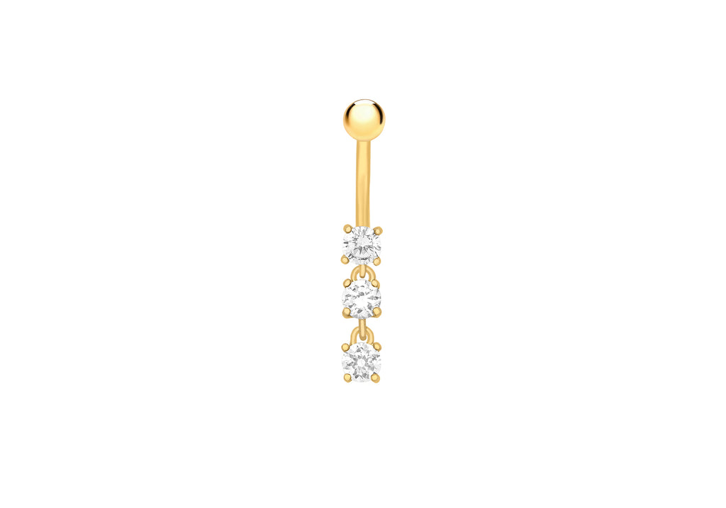 9ct Yellow Gold Triple Zirconia  Dangle Belly Bar9