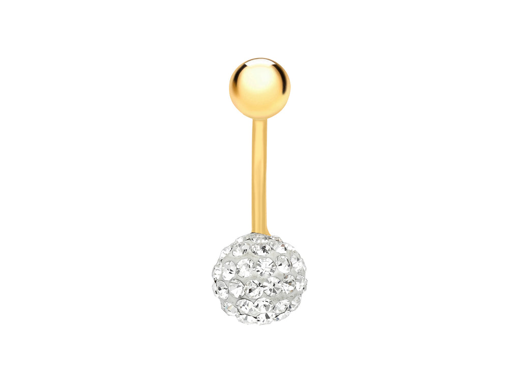 9ct Yellow Gold Round White Crystal Belly Bar9
