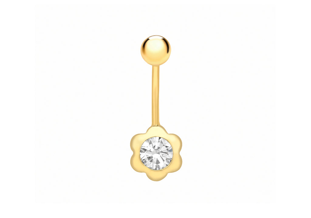 9ct Yellow Gold Zirconia  Flower Belly Bar9