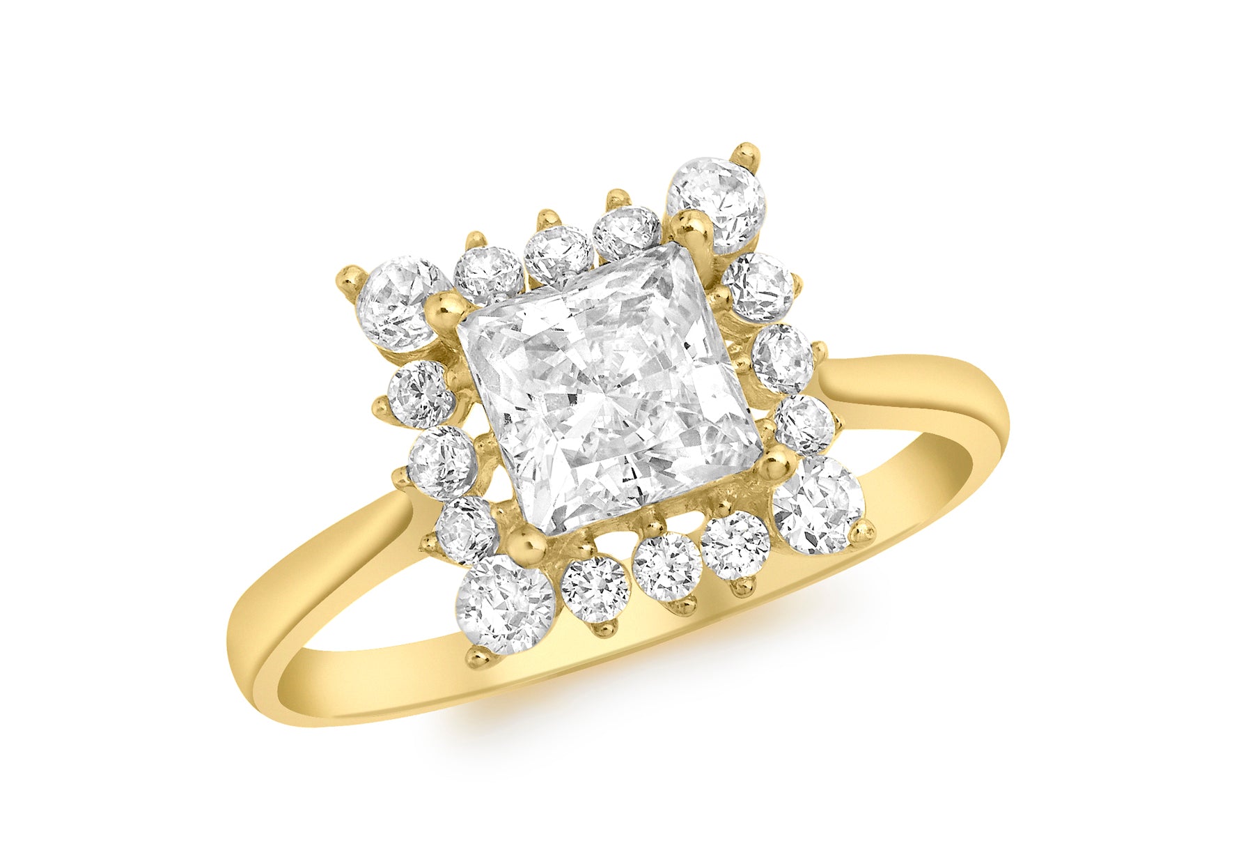 9ct Yellow Gold Princess Cut Zirconia  with Surrounding Round Zirconia  Ring