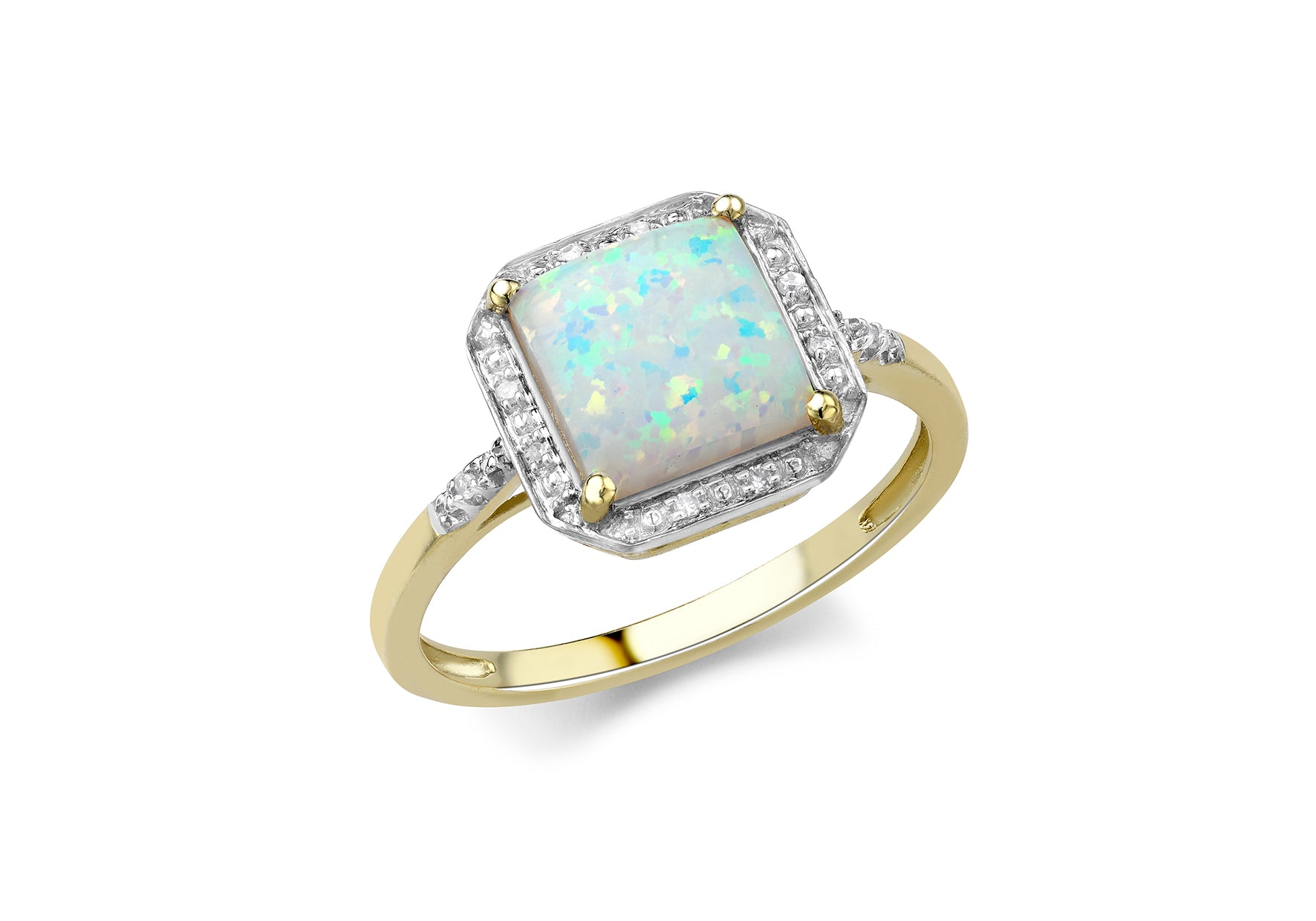 9ct Yellow Gold 0.03ct Diamond & Opal Square Halo Ring