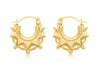 A pair of gold crescent moon hoop earrings with textured, star-like points and a beaded inner border, shown on a clean white background.