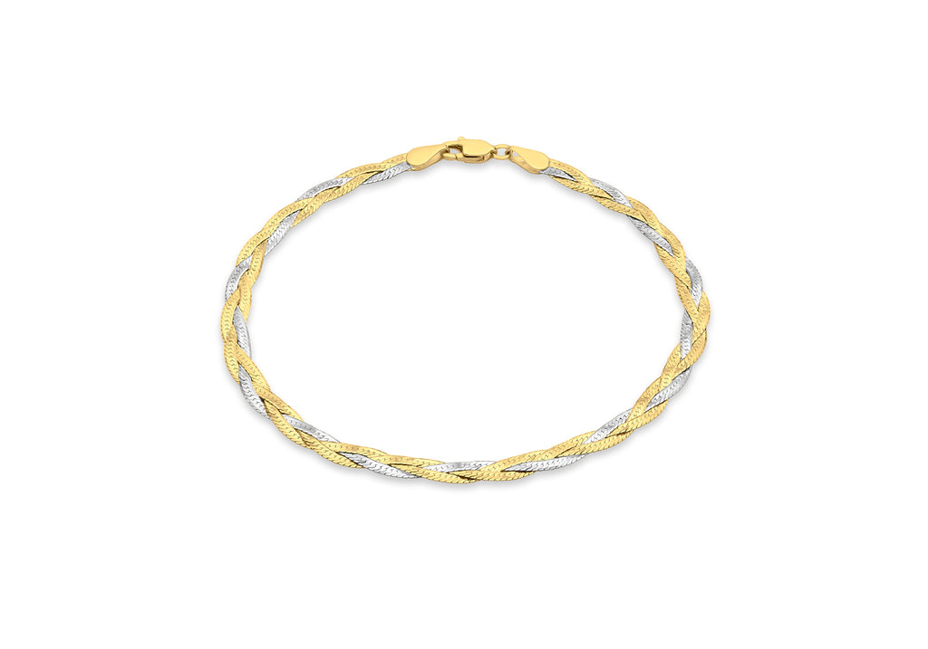 9ct 2-Colour Gold 3mm Diamond Cut 3-Plait Herringbone Bracelet 19m/7.5"9