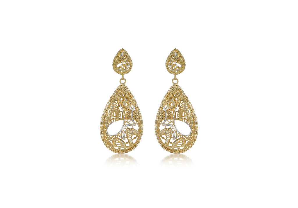 9ct 2-Tone Gold 19.6mm x 47.5mm Diamond Cut Lace-Style Teardrop Earrings