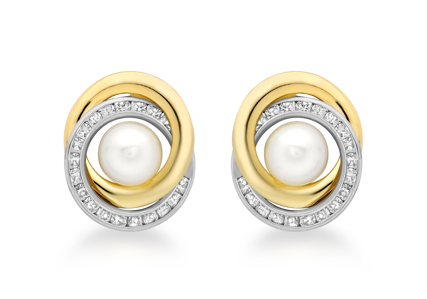 9ct 2-Colour Gold 15mm Zirconia  and Pearl Swirl Stud Earrings