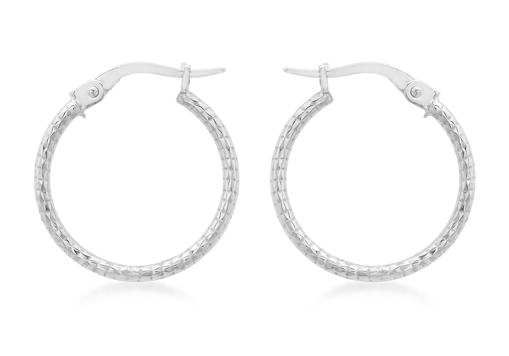 9ct White Gold 18mm Diamond Cut Round Creole Earrings