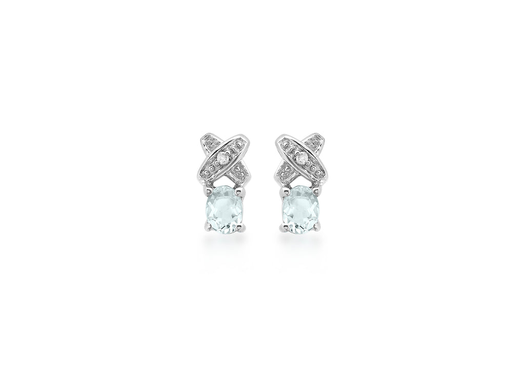 9ct White Gold 0.01ct Diamond and Aquamarine Kiss Stud Earrings