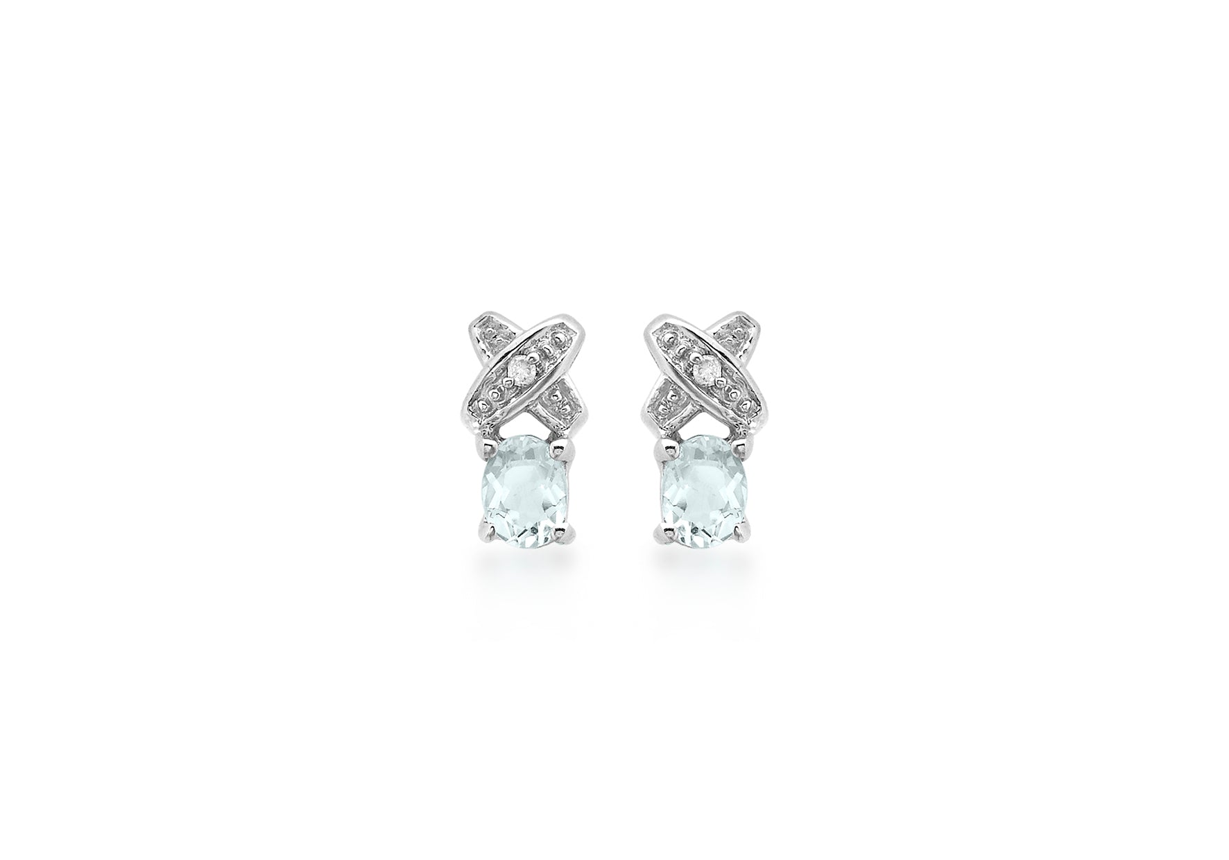 9ct White Gold 0.01ct Diamond and Aquamarine Kiss Stud Earrings