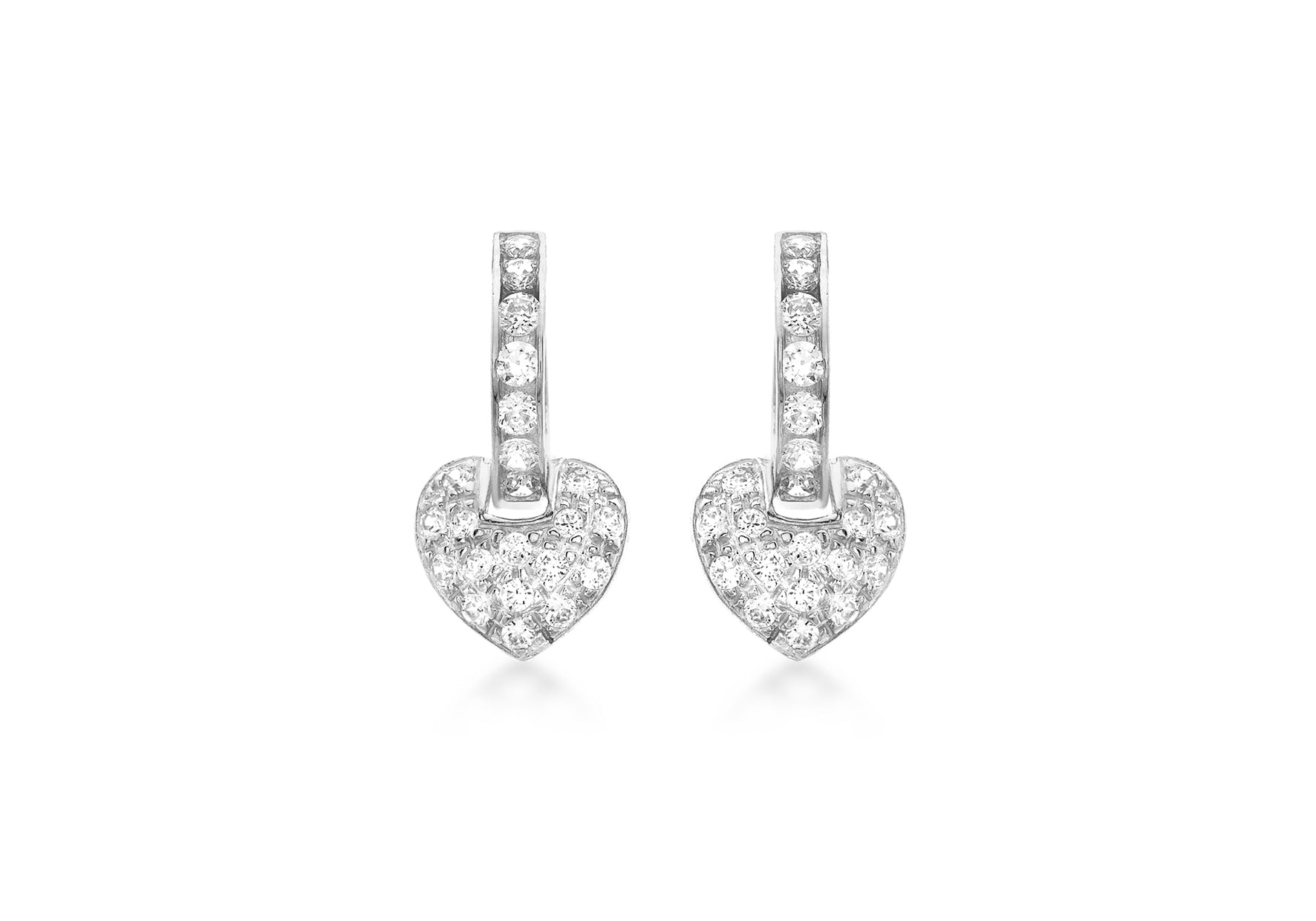 9ct White Gold Zirconia  Hoop with Pave Heart Drop Earrings