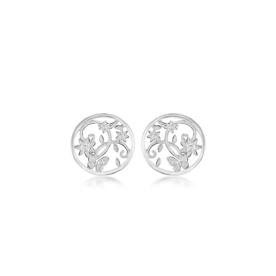 Openwork Floral Butterfly Disc Stud Earrings Hand-Set With Diamond Accent