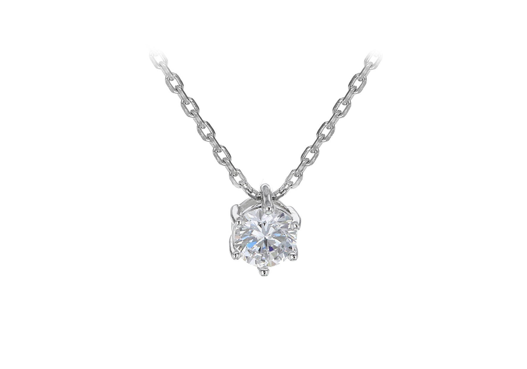 Sterling Silver Rhodium Plated Round Zirconia  Solitaire 7mm x 7mm Pendant on Adjustable Chain Necklace  39.5m/15.5"-42m/16.5"9