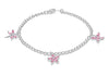 Sterling Silver Three Pink Zirconia  Charm Bracelet 