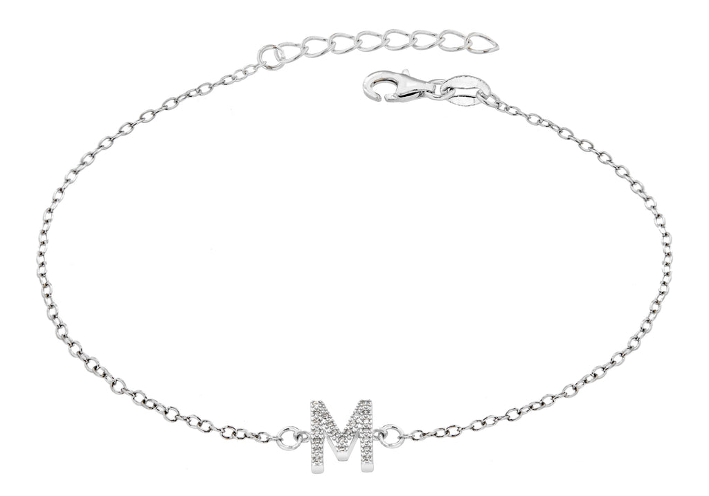 Sterling Silver Rhodium Plated Zirconia  'M' Initial Bracelet 19m/7.5"9