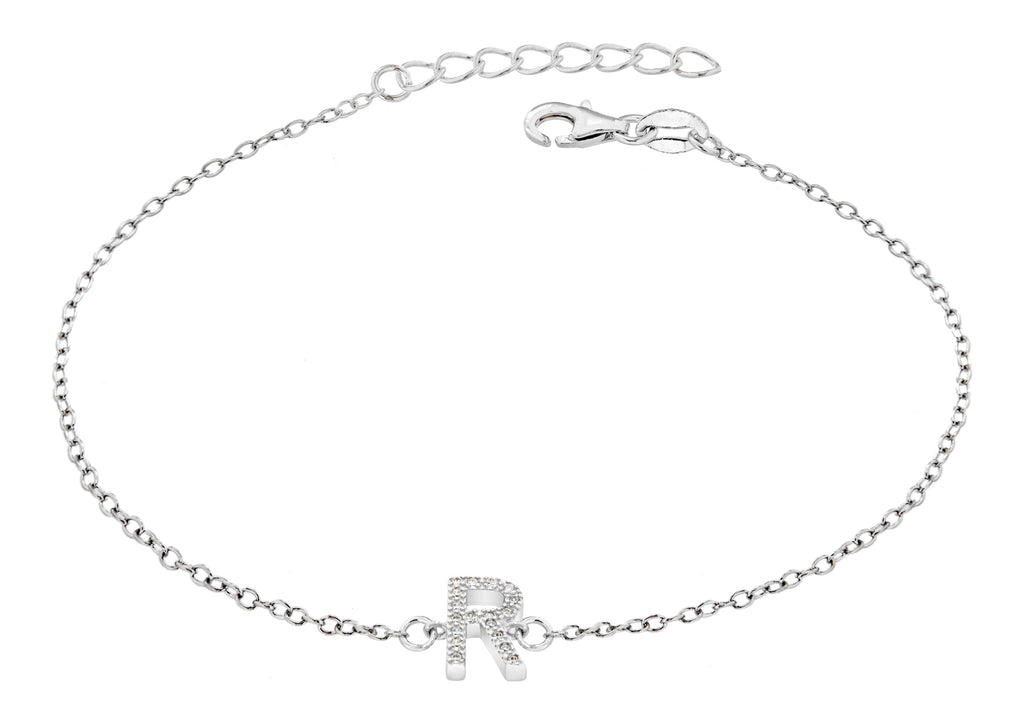 Sterling Silver Rhodium Plated Zirconia  'R' Initial Bracelet 19m/7.5"9