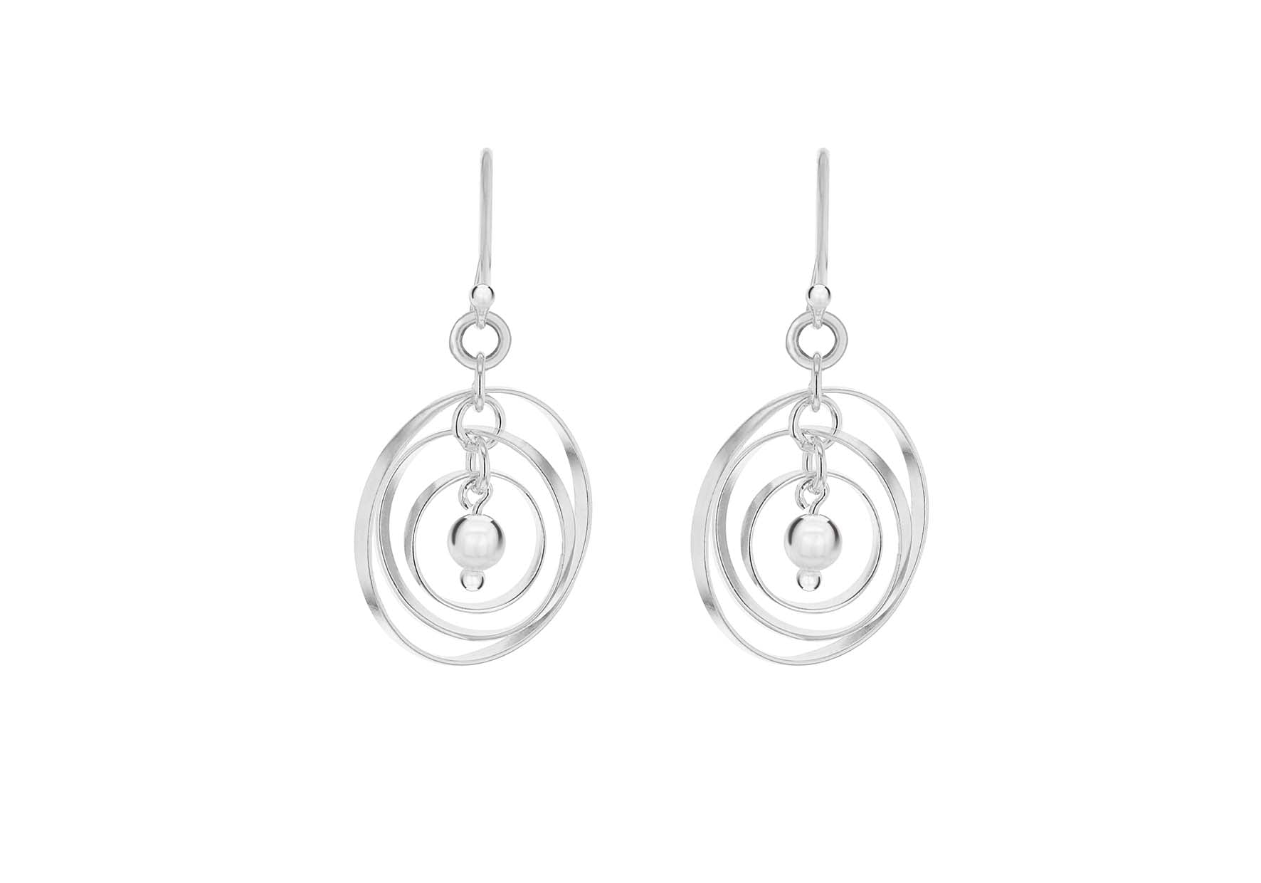 Sterling Silver 19mm x 35.3mm Triple-Ring and Ball Drop Earrings