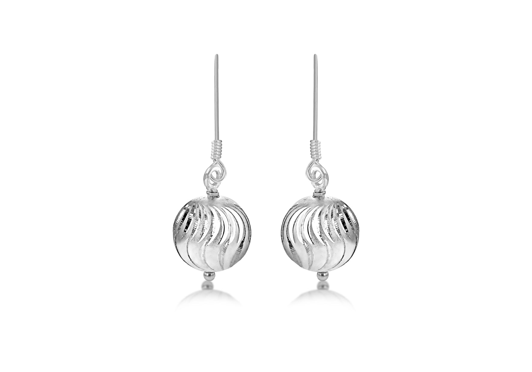 Sterling Silver 10mm x 30mm Wave Pattern Ball Drop Earrings