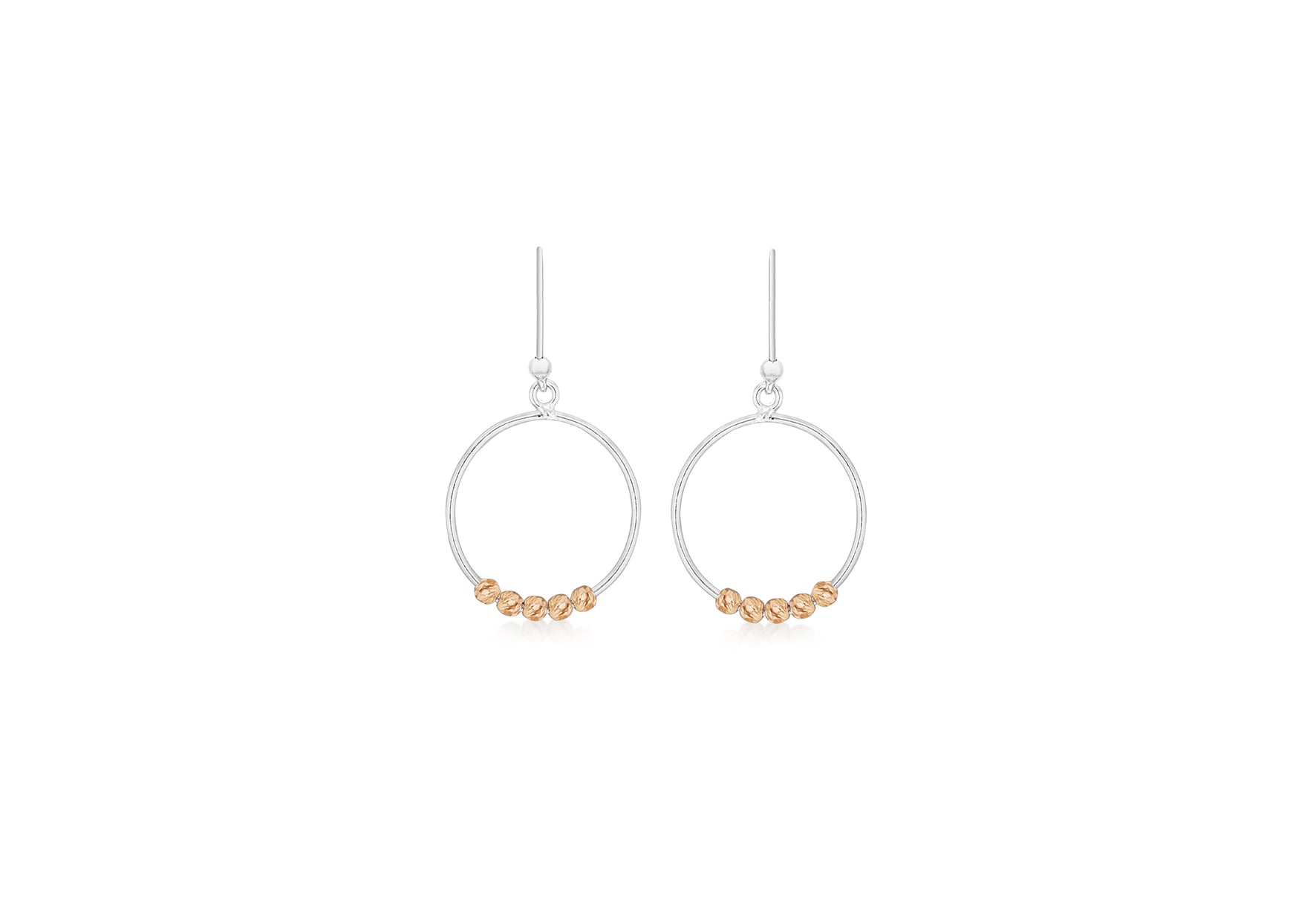 Sterling Silver 2-Tone 19.5mm x 33.5mm Circle Wire and Diamond Cut Balls Drop Earrings