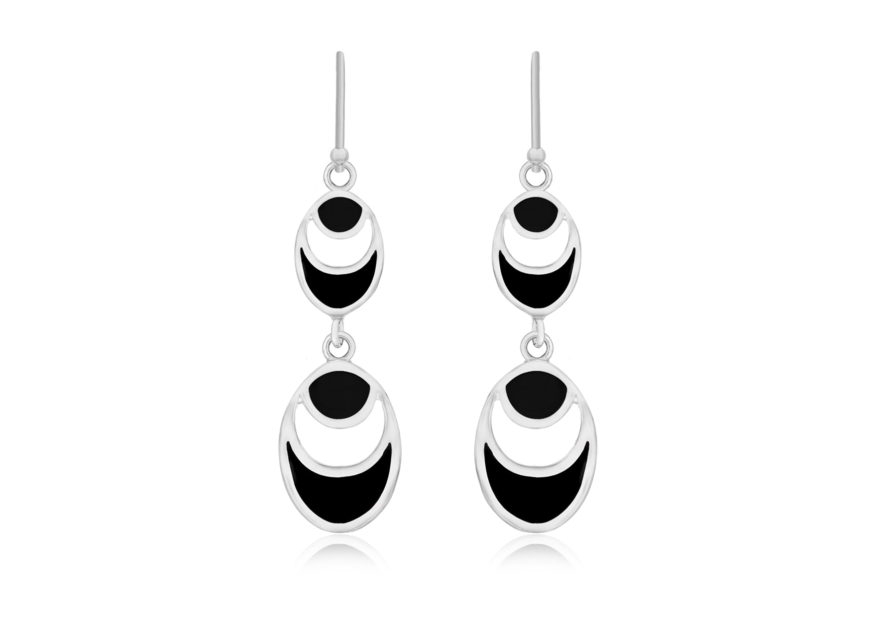 Sterling Silver Double Oval Onyx Drop Earrings 
