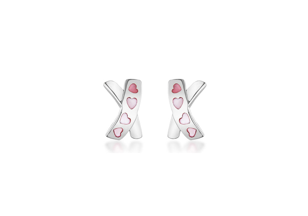 Sterling Silver Pink Mother of Pearl Heart Kiss Stud Earrings