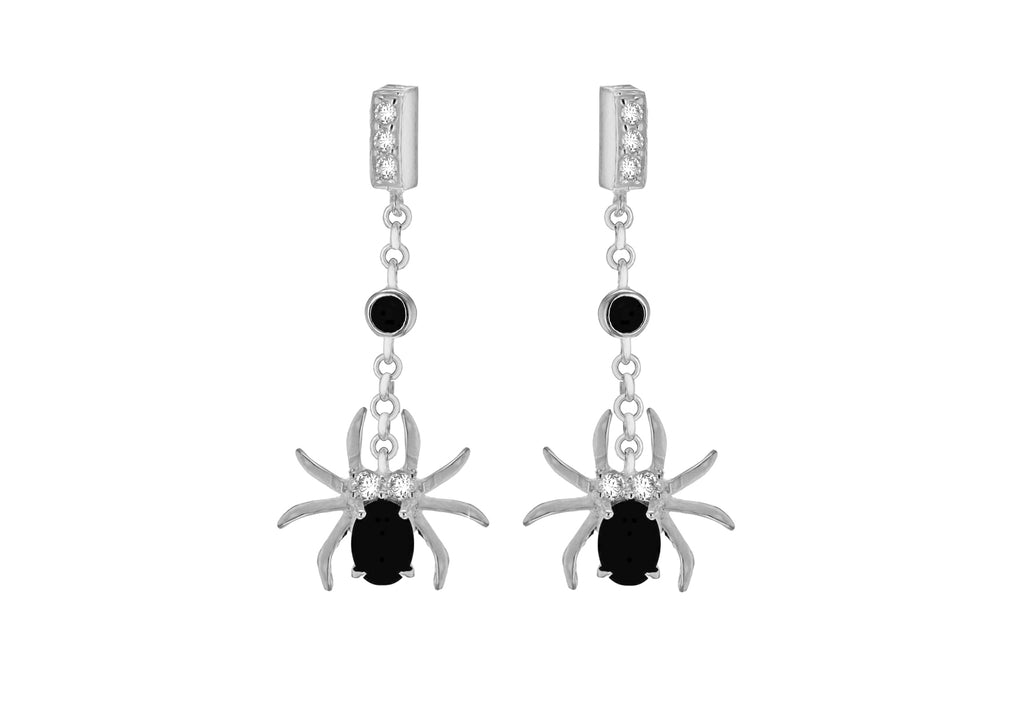 Sterling Silver Black & White Stone Set Spider Drop Earrings