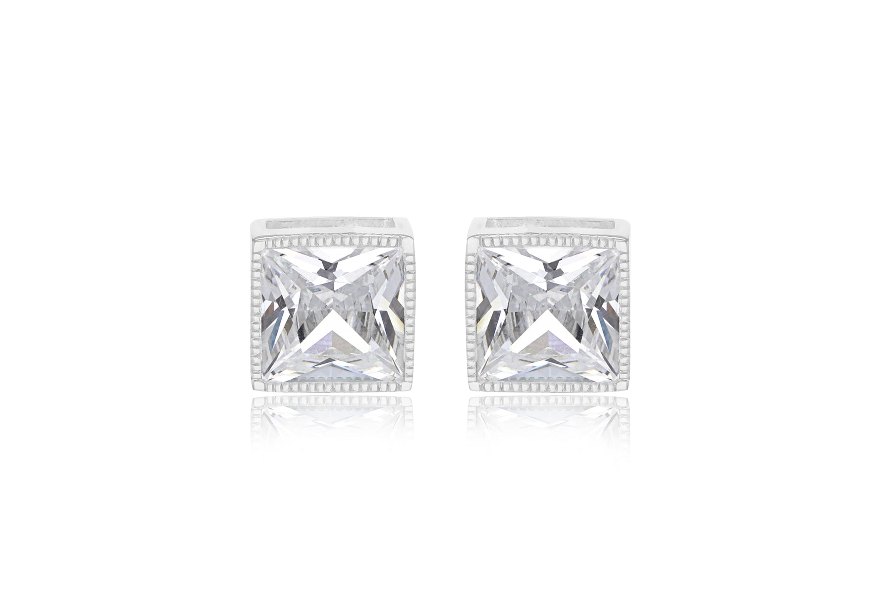 Sterling Silver White Zirconia Square Stud Earrings